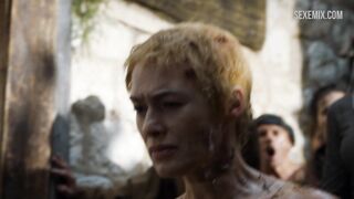 Lena Headey walks naked through the crowd, scene in Game of Thrones