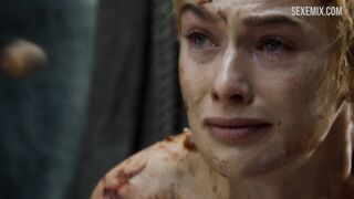 Lena Headey walks naked through the crowd, scene in Game of Thrones