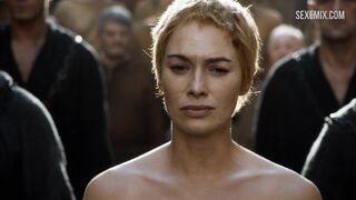 Lena Headey walks naked through the crowd, scene in Game of Thrones