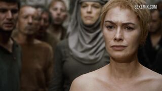 Lena Headey walks naked through the crowd, scene in Game of Thrones