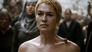 Lena Headey walks naked through the crowd, scene in Game of Thrones