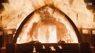 Naked Emilia Clarke comes out of the fire, scene in Game of Thrones