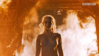 Naked Emilia Clarke comes out of the fire, scene in Game of Thrones